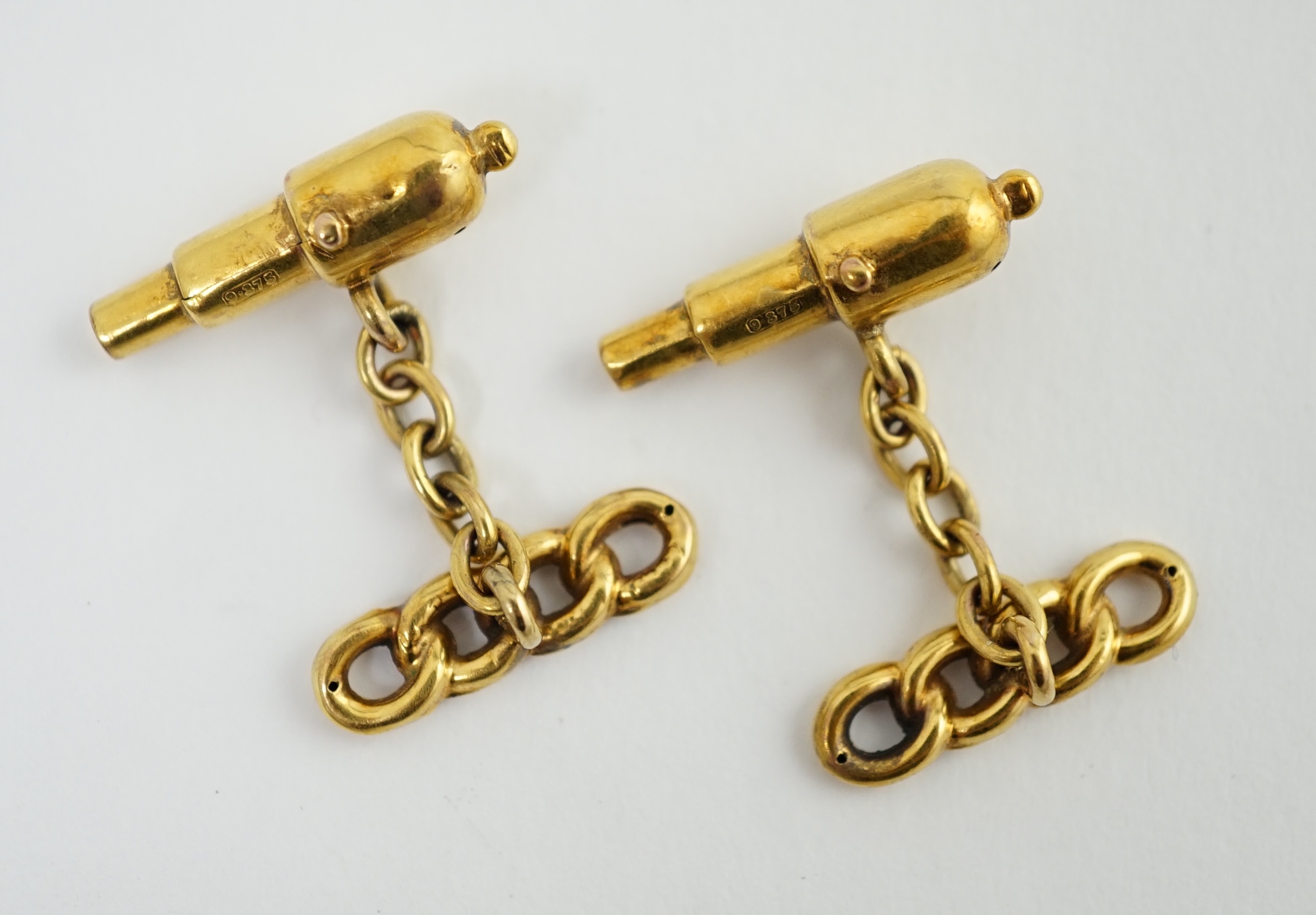 A pair of 9ct gold novelty naval theme 'rope and cannon' cufflinks